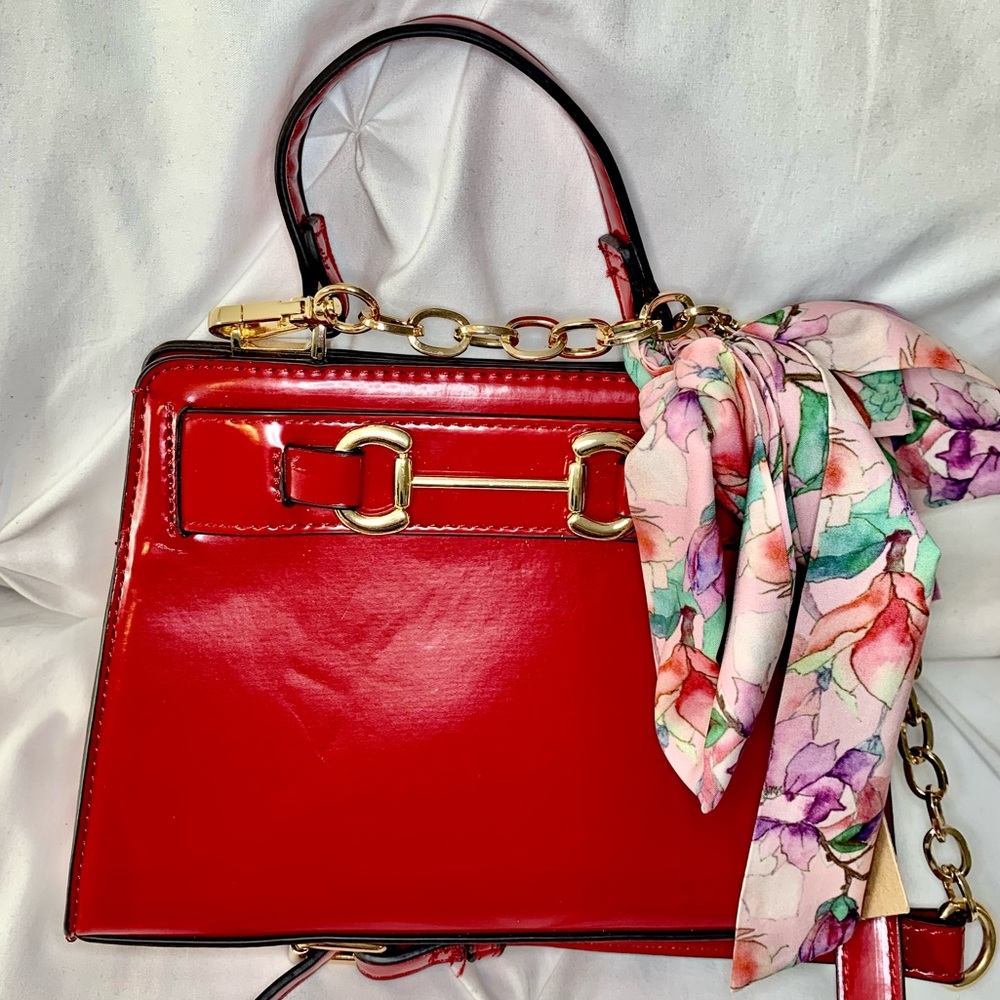 Steve Madden Red Hand Bag with Gold Chain and Scarf